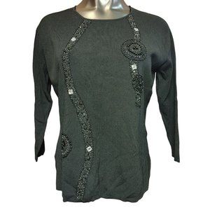 Lou Lou Women's Black Knit Long Sleeve Rose Embroidered Top 1X